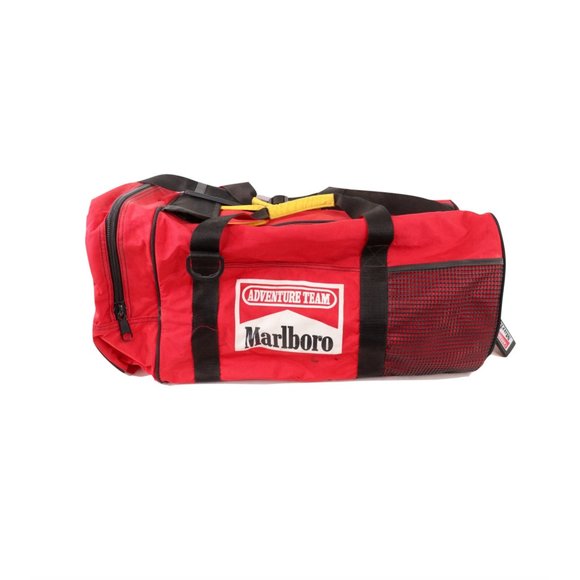 Vintage 90s Marlboro Unlimited Spell Out Box Logo Distressed Duffel Bag Red